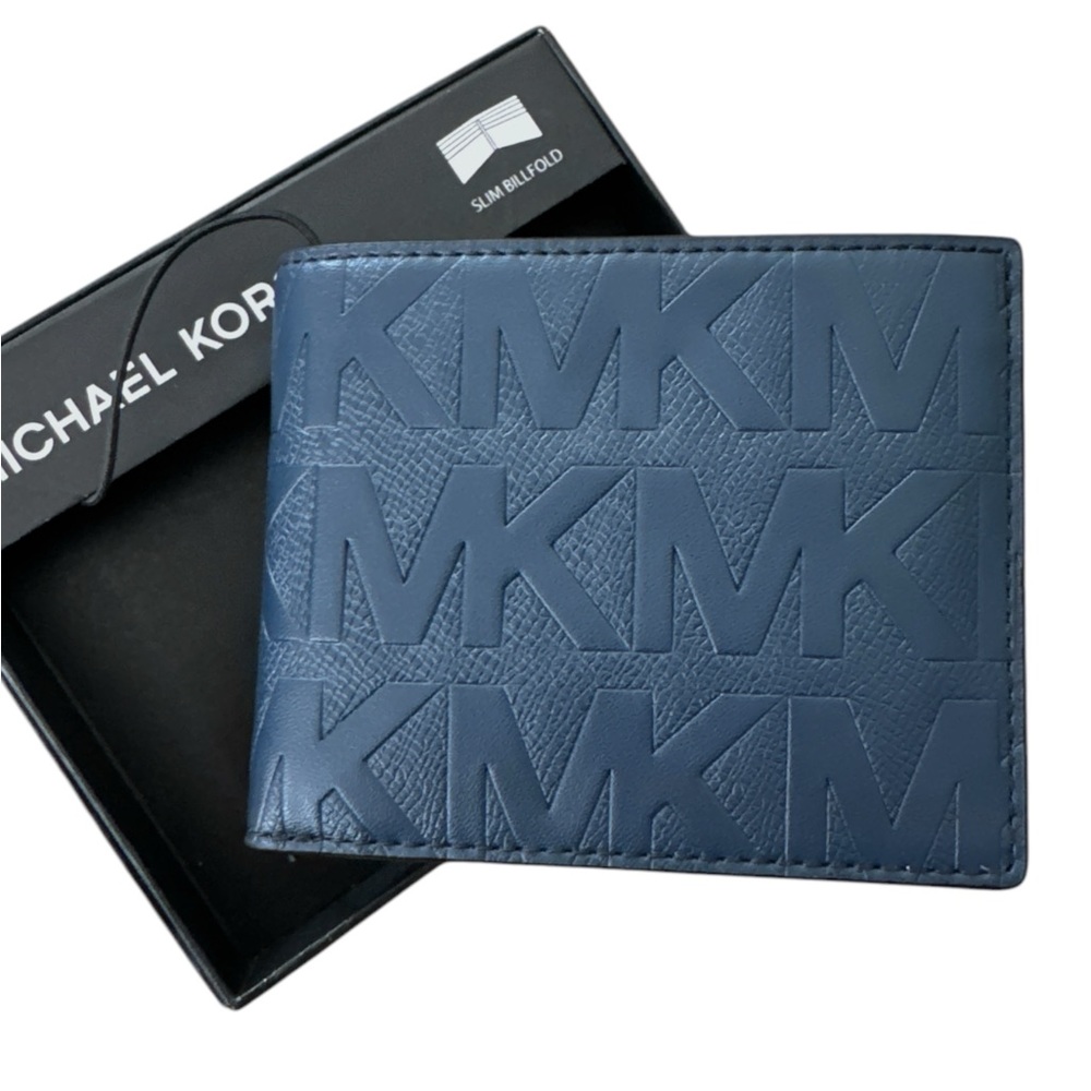 Michael Kors Embossed Logo Patterned BiFold Wallet Blue Marine